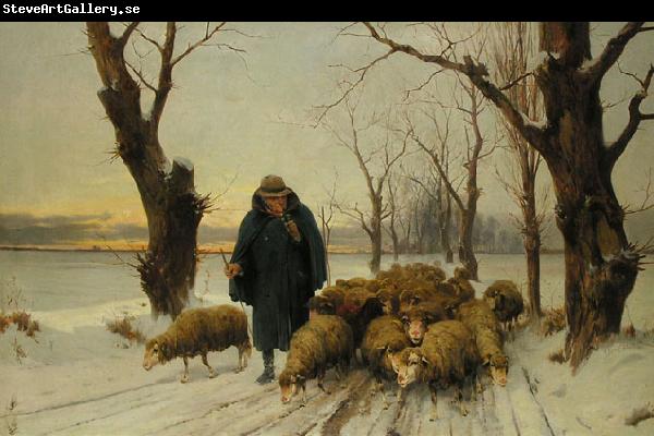 unknow artist Schafer mit seinen Schafen im Schnee